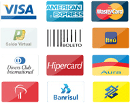 Formas de Pagamento: Visa, America Express, Master Card, Saldo Virtual, Boleto, Itaú, Dinners Club, Hipercard, Aura, Bradesco, Banrisul e Banco do Brasil